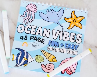 Libro da colorare Ocean Vibes con rilegatura a spirale: 48 pagine di disegni di vita marina. Carta resistente alle sbavature. Pennarelli a base alcolica.