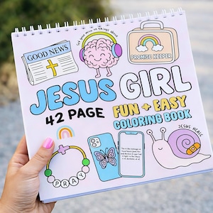May include: A spiral-bound coloring book titled "JESUS GIRL" with the text "FUN + EASY COLORING BOOK" and "42 PAGE". The cover features cartoon illustrations of a brain, a snail, a rainbow, a bracelet, and a phone with a butterfly.