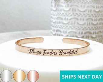Strong Fearless Beautiful Cuff Bracelet 14k Gold Plated Stainless Steel Inspirational Bracelet Handmade Jewelry Made in USA