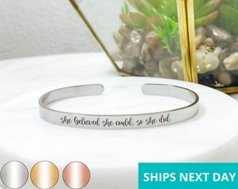 She Believed She Could Cuff Bracelet  14k Gold Plated Stainless Steel  Inspirational Bracelet  Handmade Jewelry  Made in USA