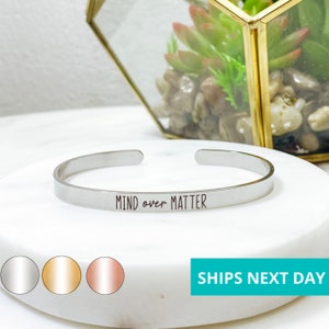 Mind Over Matter Cuff Bracelet  14k Gold Plated Stainless Steel  Inspirational Bracelet Handmade Jewelry  Made in USA