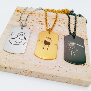 Custom Kids Drawing Necklace Men&#39;s Pendant Necklace Actual Drawing Necklace For Dad Dog Tag Necklace Engraved Necklace Personalized Jewelry
