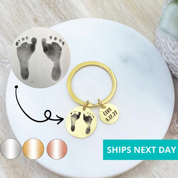 Custom Baby Footprint Keychain 14k Gold Plated Stainless Steel Etsy