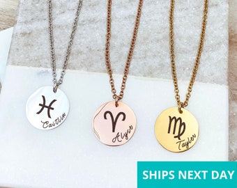 Personalized Zodiac Sign Necklace 14k Gold Plated Stainless Steel Name Necklace Handmade Jewelry Made in USA