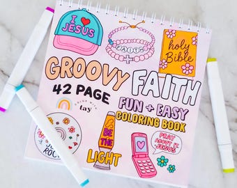 Groovy Faith Spiral Bound Coloring Book: 42 pagine di disegni cristiani retrò, carta resistente alle sbavature, libro da colorare con pennarelli a base alcolica