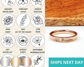 Birth Flower Bud Name Dainty Engraved Ring 14k Gold Plated Stainless Steel Personalized Stackable Flower Ring Handmade Jewelry Made in USA