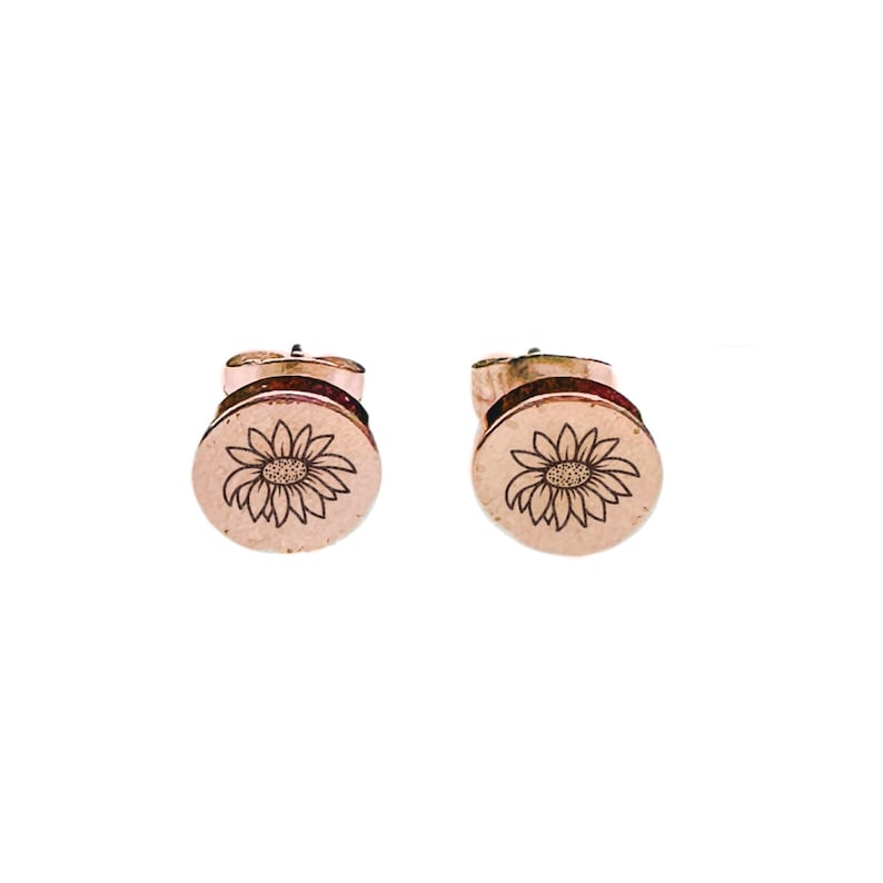 Dainty Birth Flower Engraved Earring Studs 14k Gold Plated Stainless Steel Flower Earrings Handmade Jewelry Made in USA Rose Gold