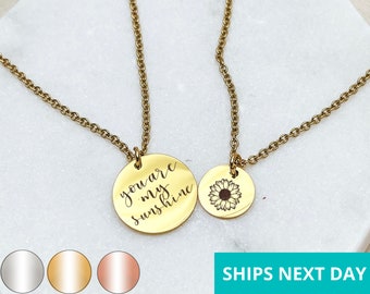 You Are My Sunshine Mommy & Me Necklace Set 14k Gold Plated Stainless Steel Mother Daughter Necklace Handmade Jewelry Made in USA