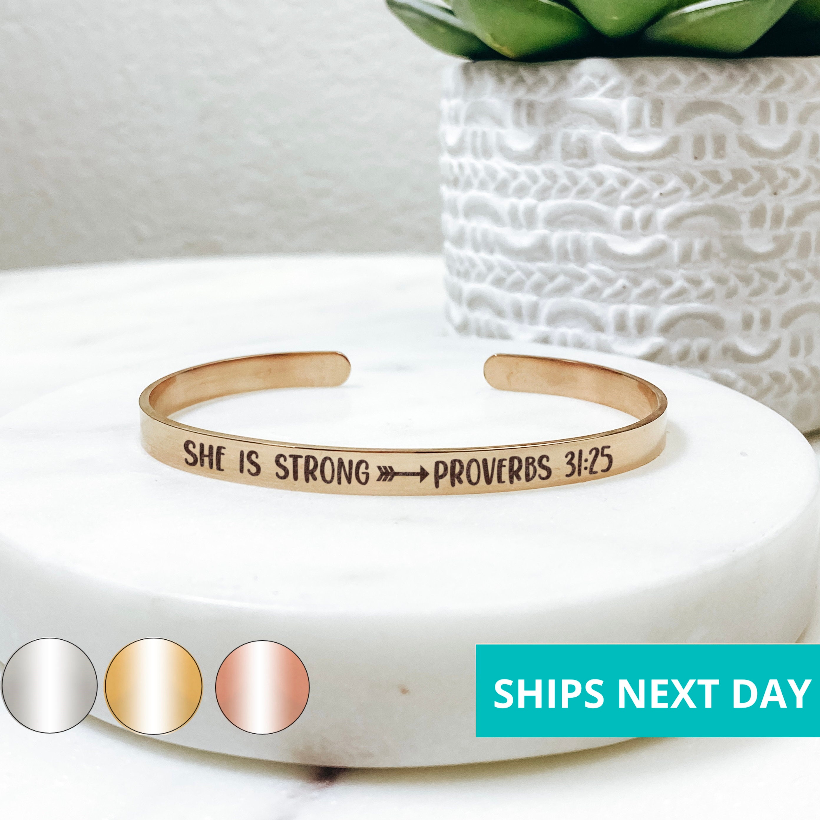 She is Strong Proverbs 31 25 Cuff Bracelet 14k Gold Plated Stainless Steel Faith Bracelet Handmade Jewelry Made in USA Etsy UK