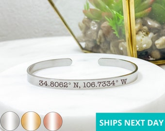 Custom Coordinates Cuff Bracelet  14k Gold Plated Stainless Steel  Long Distance Bracelet  Handmade Jewelry  Made in USA