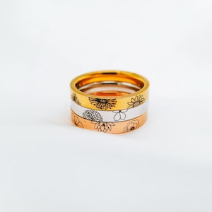 Combined Birth Flower Ring Stainless Steel Ring Personalized Ring Flower Ring Dainty Ring Custom Ring Engraved Ring Birth Flower Jewelry