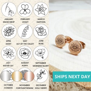 Dainty Birth Flower Engraved Earring Studs 14k Gold Plated Stainless Steel Flower Earrings Handmade Jewelry Made in USA image 1