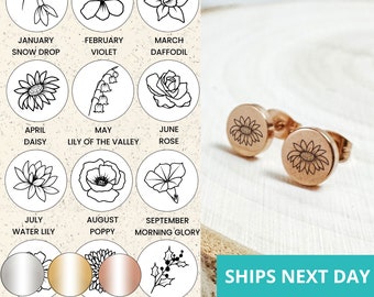 Dainty Birth Flower Engraved Earring Studs 14k Gold Plated Stainless Steel Flower Earrings Handmade Jewelry Made in USA