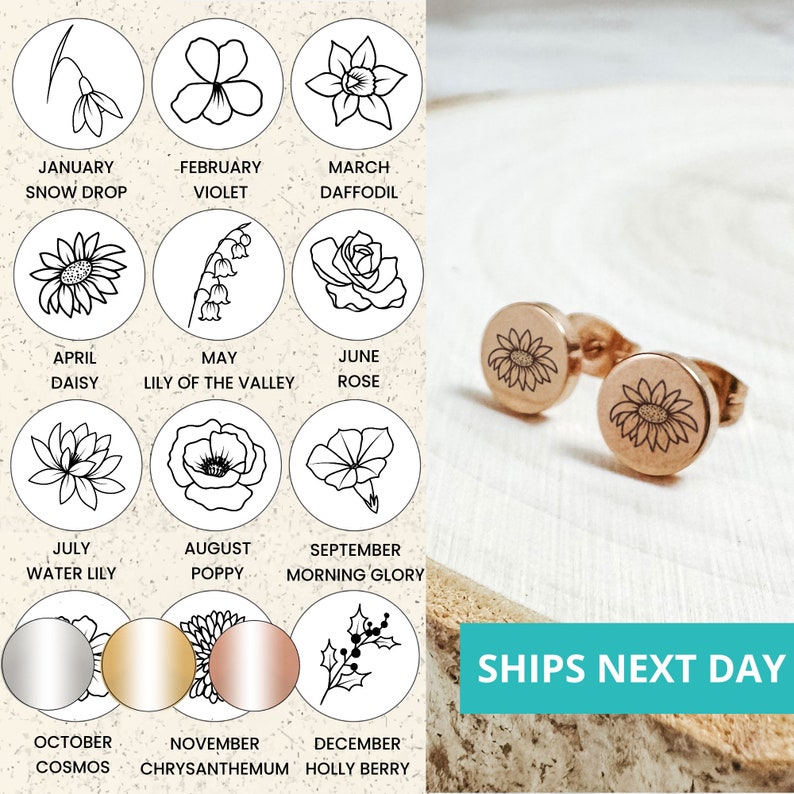 Dainty Birth Flower Engraved Earring Studs 14k Gold Plated Stainless Steel Flower Earrings Handmade Jewelry Made in USA image 1