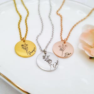 Collar personalizado con flor de nacimiento, collar de oro de 14 quilates, collar personalizado con nombre, joyería personalizada, collar delicado, joyería con flor de nacimiento