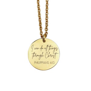 I Can Do All Things Through Christ Necklace 14k Gold Plated Stainless Steel Faith Necklace Handmade Jewelry Made in USA Gold