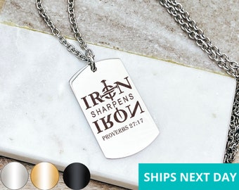 Iron Sharpens Iron Proverbs 27:17 Men's Necklace 14k Gold Plated Stainless Steel Faith Dog Tag Necklace Handmade Jewelry Made in USA