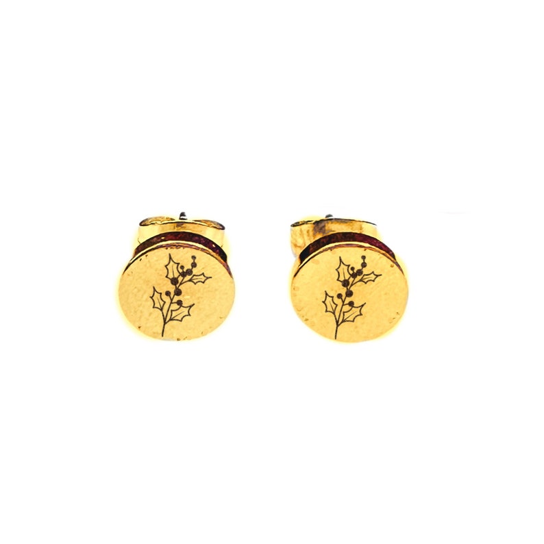 Dainty Birth Flower Engraved Earring Studs 14k Gold Plated Stainless Steel Flower Earrings Handmade Jewelry Made in USA Gold