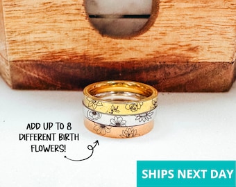 Kombiniert Geburt Blume Knospe Gravierte Ring 14k Vergoldete Edelstahl Personalisierte Stapelbare Blume Ring Handgemachter Schmuck Made in USA