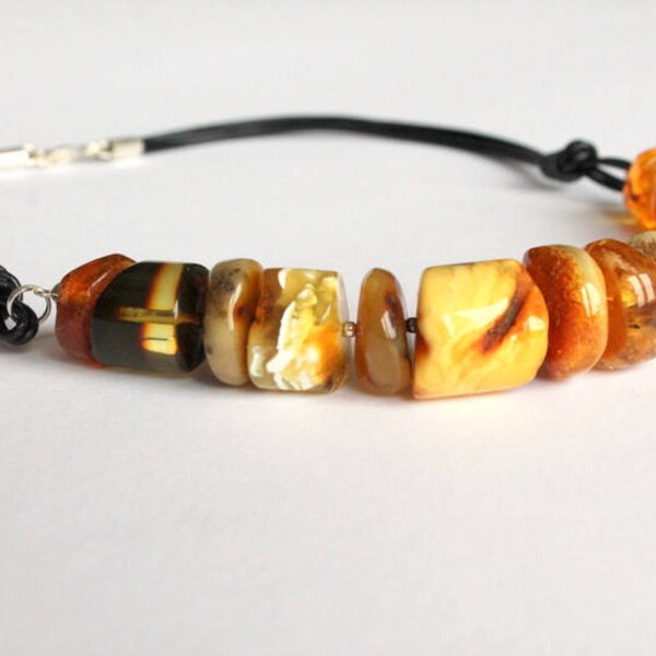 Elegant amber necklace with leather strap, amber jewelry, natural Baltic amber, original classic amber necklace, multicolor amber necklace