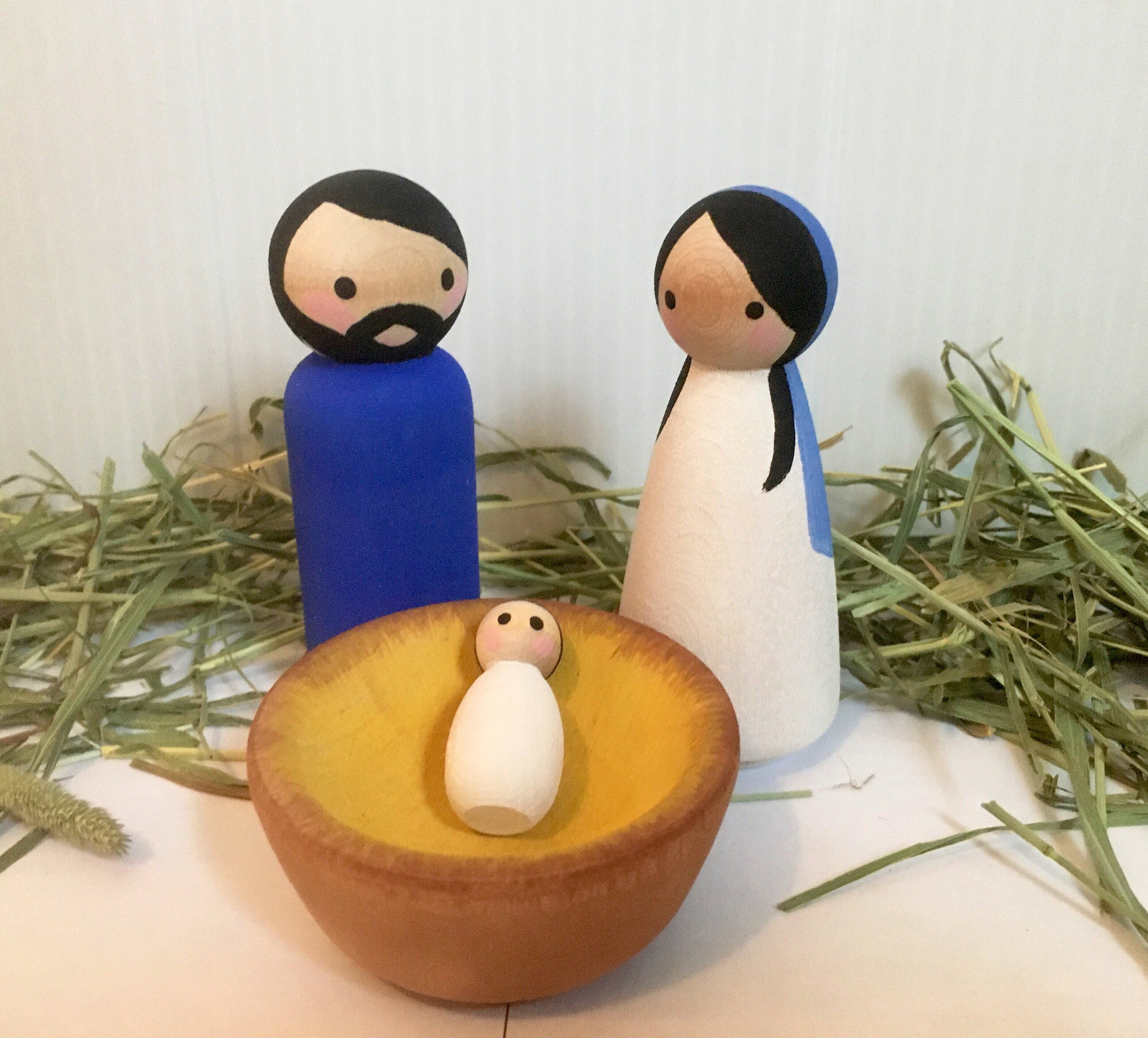 Diverse, kid friendly peg doll nativity set, Holy Family, Mary, Joseph and Jesus, Diverse