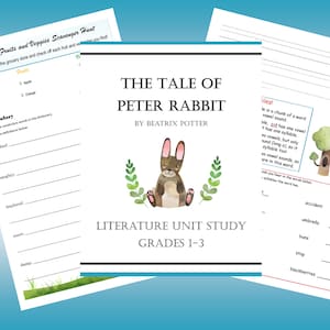 Könnte beinhalten: Eine Sammlung von Arbeitsblättern für eine Literatur-Lerneinheit. Die zentrale Seite zeigt "The Tale of Peter Rabbit" von Beatrix Potter, mit einer Illustration von Peter Rabbit. Weitere Seiten enthalten Vokabeln und Suchaktivitäten.