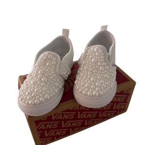 TODDLER Pearl Embellished Vans - Toddler Slip on Vans - Custom Wedding Vans - Pearl Wedding Vans - Custom Vans - Pearl Shoes