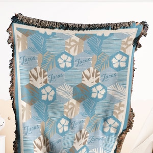 Personalized Hawaiian Baby Blanket - Palm leaf baby blanket -Made in The USA - Blue