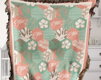 Personalized Hawaiian Baby Blanket: Hibiscus Flower, Tropical Pink, Made in USA