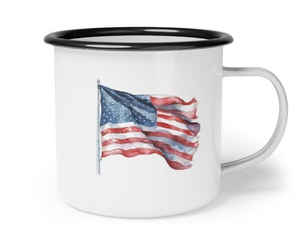 May include: White enamel mug with a black rim and a watercolor illustration of an American flag waving in the wind.