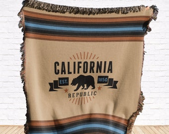 California Bear Flag Blanket: Southwestern Woven Cotton Throw - Made in USA