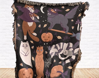 Halloween Cats Woven Blanket: Spooky Cotton Throw, Made in USA