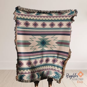 Southwestern Woven Throw Blanket: Aztec Cotton Blanket, Made in USA
