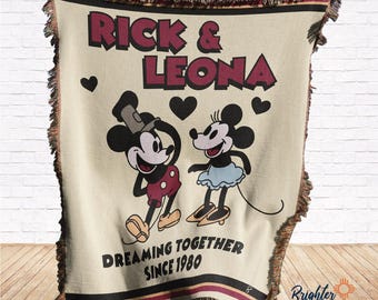 Personalisierte Mickey und Minnie Cotton Jubiläumsdecke - Made in The USA - Gewebte Decke