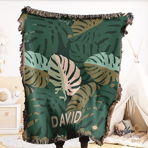 Personalized Palm Leaf Baby Blanket: Tropical Woven Throw, Made in USA
