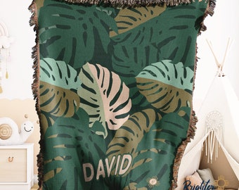 Personalized Baby Blanket With Name - Tropical Flamingo & Palm Leaves Design, 30x40 Inch Soft Minky