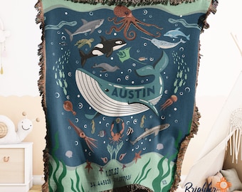 Personalized Ocean Woven Throw Blanket: USA Made Cotton Baby Blanket