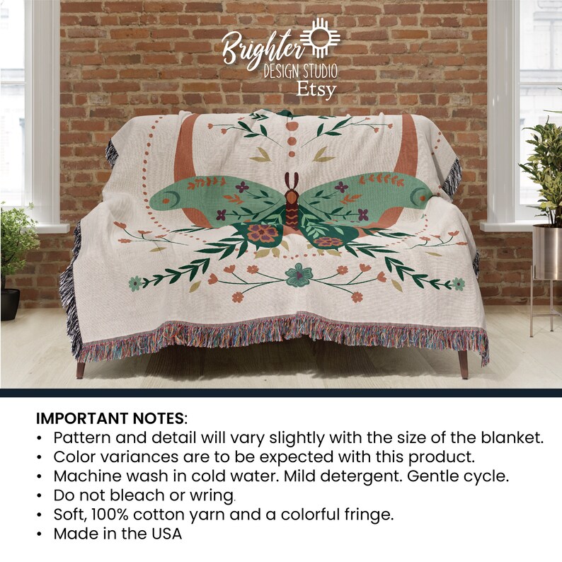 May include: A woven throw blanket with a colorful butterfly design. The blanket is made of soft, 100% cotton yarn and has a colorful fringe. The blanket is shown draped over a couch.