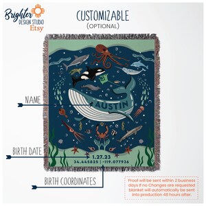May include: A blue and green woven throw blanket with a whale, octopus, and other sea creatures. The blanket is personalized with the name "Austin", the date "1.27.23", and the coordinates "34.445825 -119.077936".