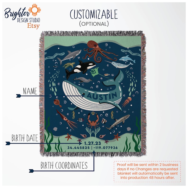 May include: A blue and green woven throw blanket with a whale, octopus, and other sea creatures. The blanket is personalized with the name "Austin", the date "1.27.23", and the coordinates "34.445825 -119.077936".