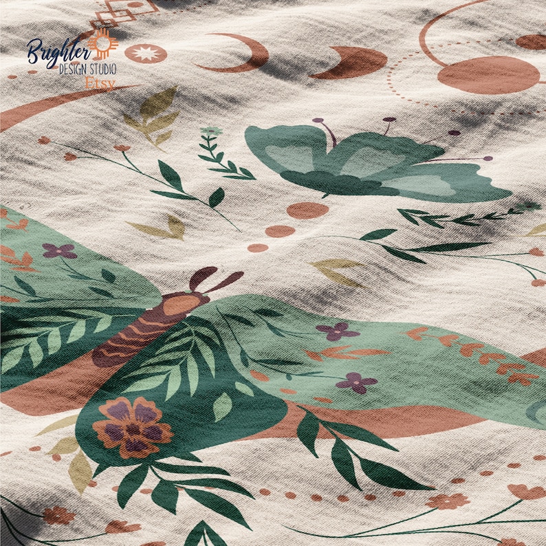 May include: A beige fabric with a green and brown butterfly design. The butterfly has a textured, layered look. The fabric also features a repeating pattern of small flowers and leaves. The background is a light beige color.