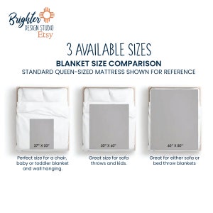 May include: A graphic showing three different sizes of blankets with a queen-sized mattress for reference. The sizes are 37" x 50", 50" x 60", and 60" x 80".