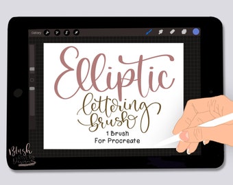 May include: A black tablet displays a white screen with the words "Elliptic Lettering Brush" in brown and pink script. The screen also says "1 Brush For Procreate." A hand with a white stylus is on the screen. The tablet has a black border.