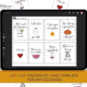 May include: A digital Procreate card template shown on a tablet. The template features small cards with illustrations and puns. The cards measure 6.35cm x 8.89cm and are suitable for various occasions. The text "2.5" x 3.5" PROCREATE CARD TEMPLATE FOR ANY OCCASION" is visible.