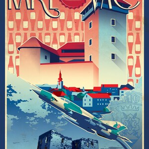 May include: A vintage travel poster for Karlovac, Croatia, featuring a red and white beer bottle cap logo, a cityscape with a church steeple, a fighter jet flying over a stone fortress, and the text "KARLOVAC".