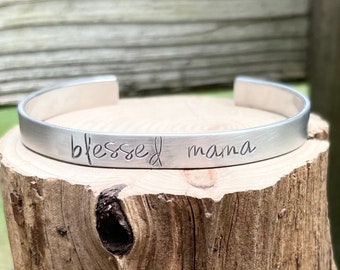 Blessed Mama Stamped Metal Cuff Bracelet
