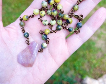 Wire Wrapped Yellow Turquoise and Madagascar Rose Quartz Pendant Necklace