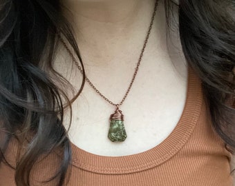 Green Garnet Drop Necklace Wrapped in Copper Wire