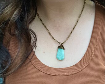Amazonite Drop Necklace Wrapped in Brass Wire