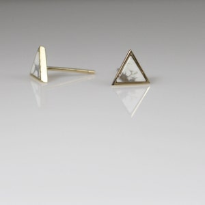 14K solid gold howlite earrings,14K howlite Stud earring,14K dainty Earrings, 14k minimalist stud, triangle stud, white stud, 14k geometric image 1